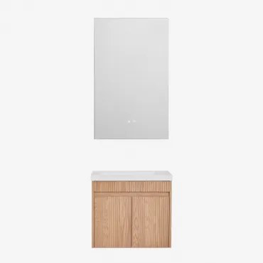Conjunto De Móvel De Casa De Banho Suspenso Em Madeira Com Lavatório Integrado Narek Castanho Fresno & Retangular Led E Anti-embaciamento - Sklum