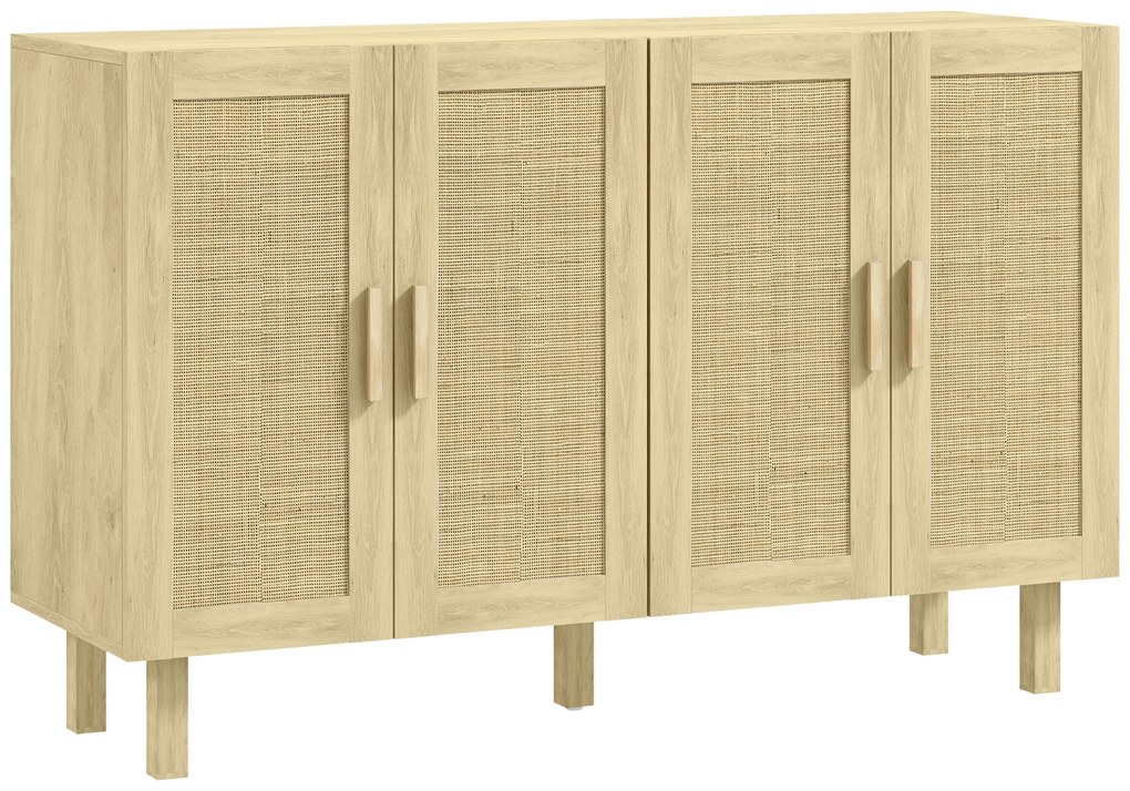 HOMCOM Aparador de Sala de Estar com 4 Portas com Rede em Vime e Prateleiras Ajustáveis Aparador para Cozinha 120x39,5x76 cm Madeira | Aosom Portugal