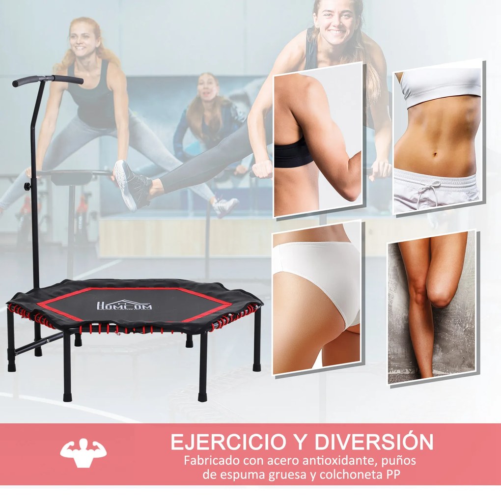 HOMCOM Trampolim de Fitness Profissional Hexagonal Φ122x 122/130/138 cm Guiador Ajustável 3 Níveis de Altura Vermelho