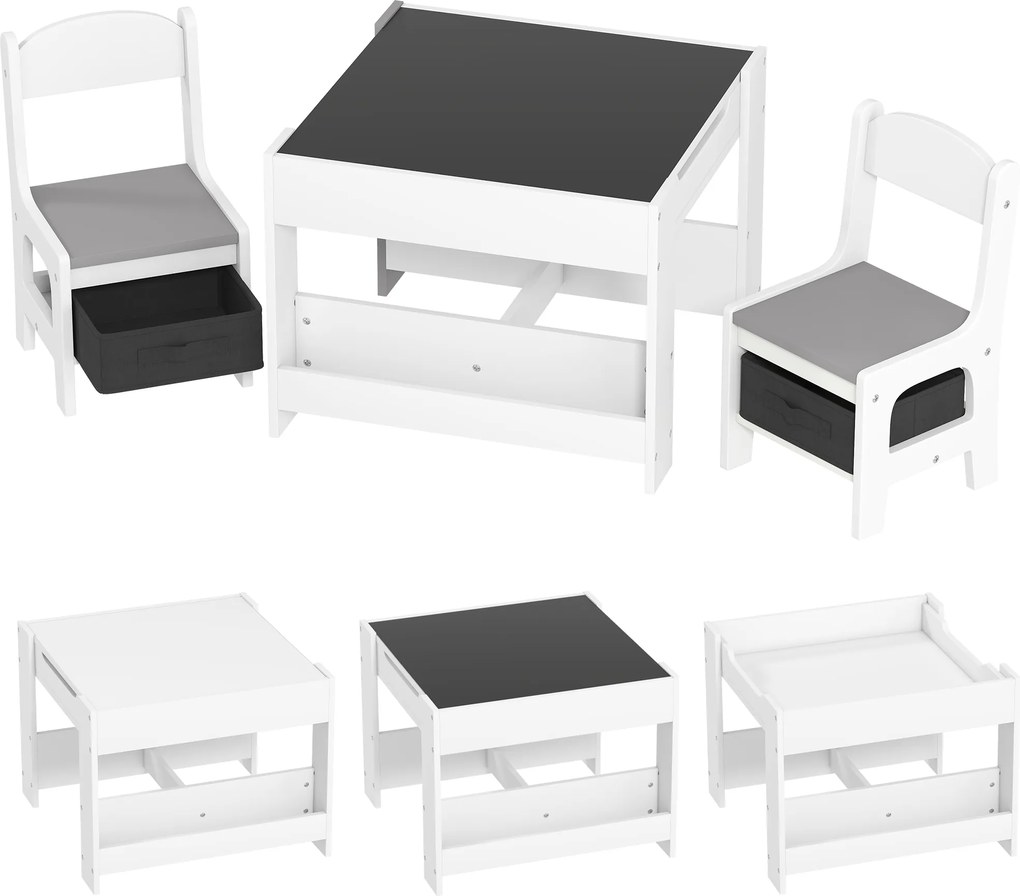 HOMCOM Conjunto de Mesa e 2 Cadeiras Infantis 2 em 1 com Ardósia Gavetas de Tecido e Espaço de Armazenamento para Quarto Cinza | Aosom Portugal