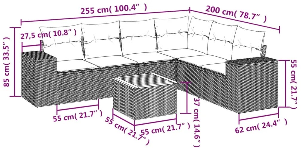 7 pcs conjunto sofás p/ jardim c/ almofadões vime PE cinzento