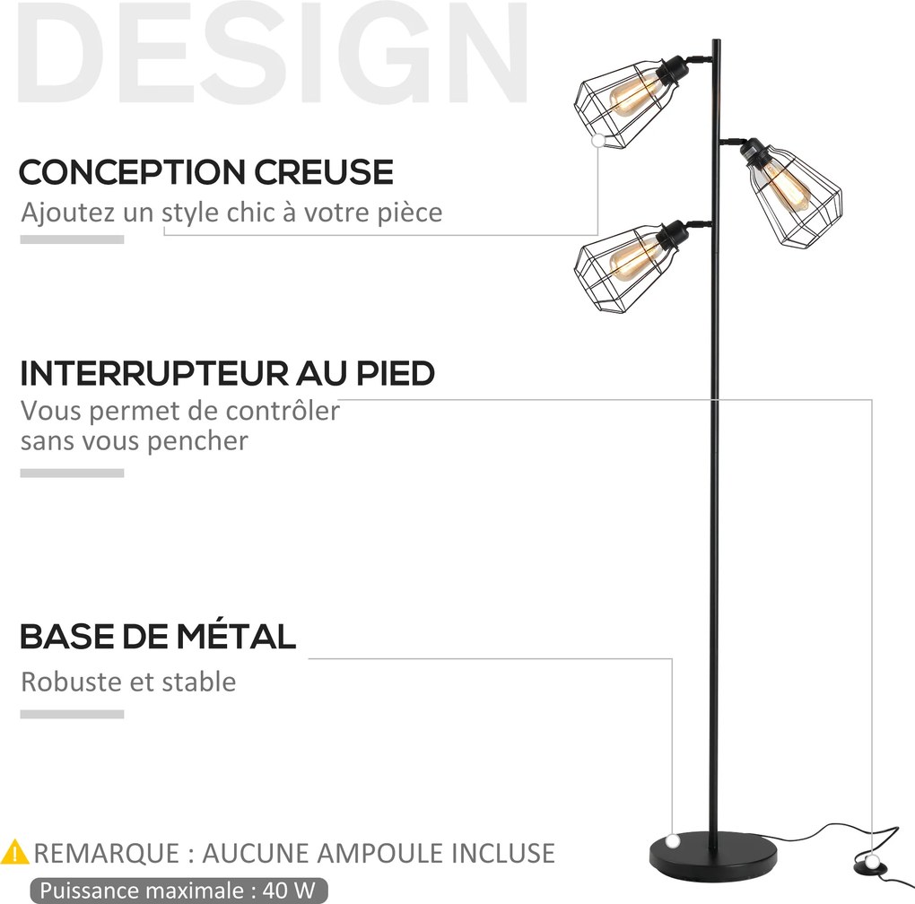 Candeeiro de pé de design industrial, 3 lâmpadas, máx. 40 W, abajur em forma de gaiola de metal preto