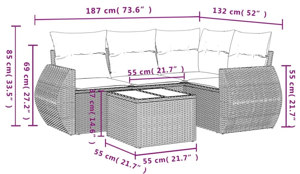 5 pcs conj. sofás jardim c/ almofadões vime PE cinzento-claro