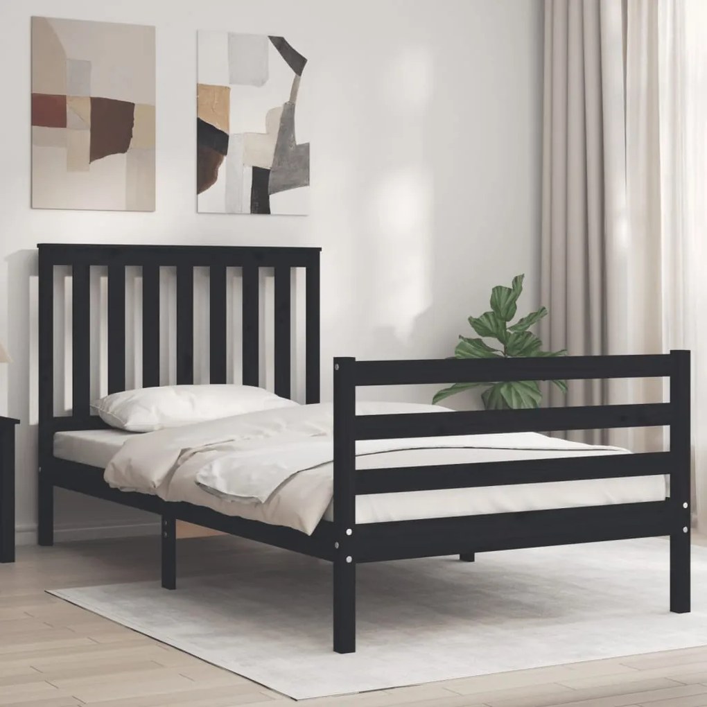 Estrutura de cama com cabeceira 100x200 cm madeira maciça preto