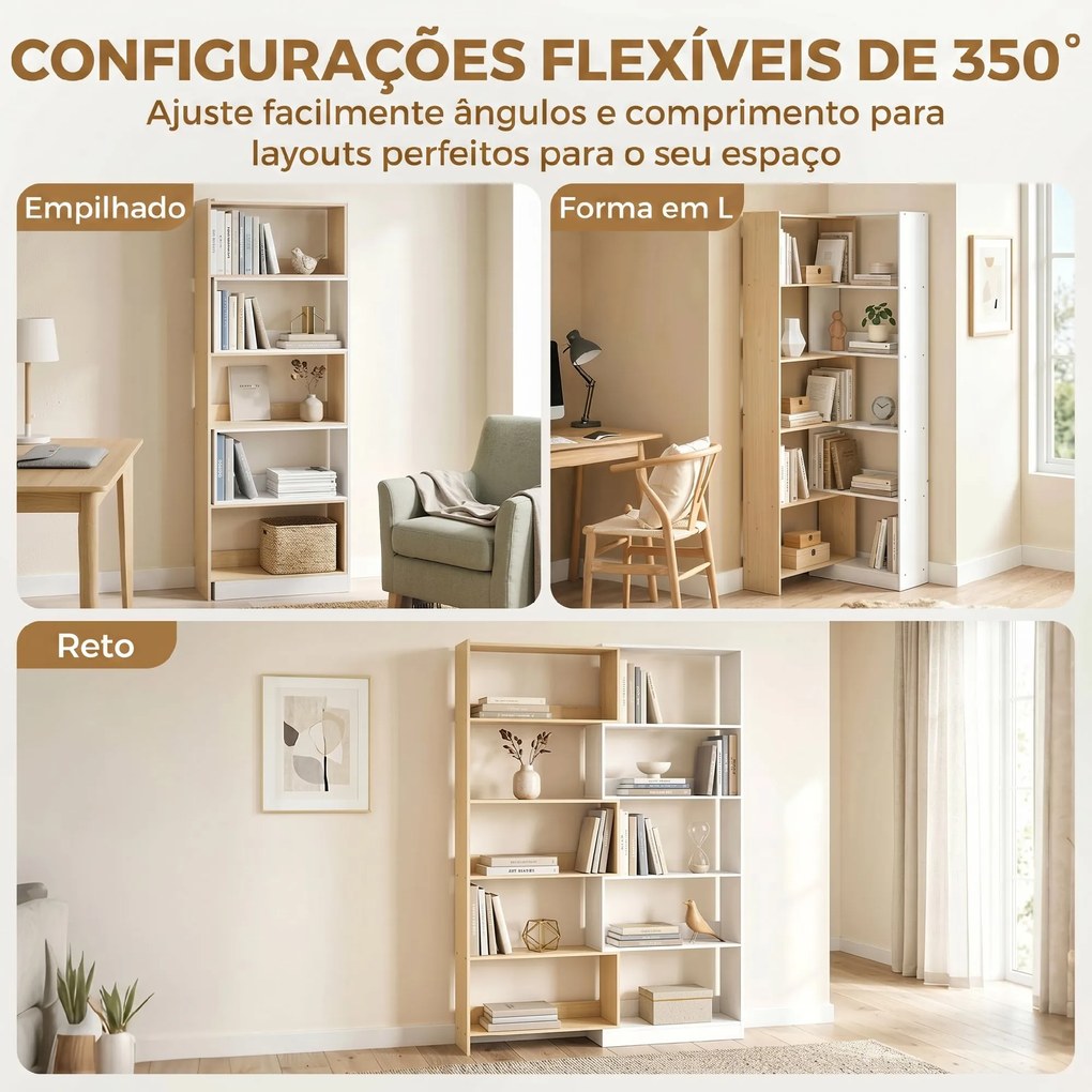 Estante Expansível 5 Níveis Estante para Livros Giratória 350° Largura Ajustável Convertível em L Reta ou Compacta 111,5x23,8x163,7 cm Madeira e Branc