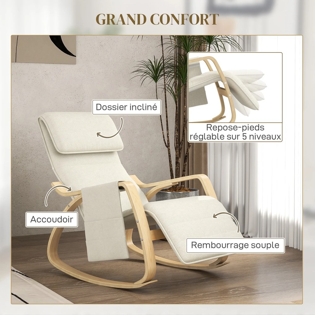 Cadeira relaxante basculante com apoio para os pés ajustável, bolso lateral e apoio para a cabeça, branco creme