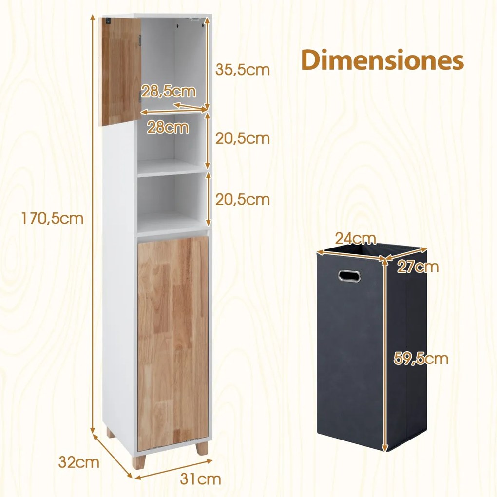 Armário para roupa suja para casa de banho 32 x 31 x 170,5 cm com portas em madeira de borracha Estante de 3 níveis e cesto para roupa suja Branco + N