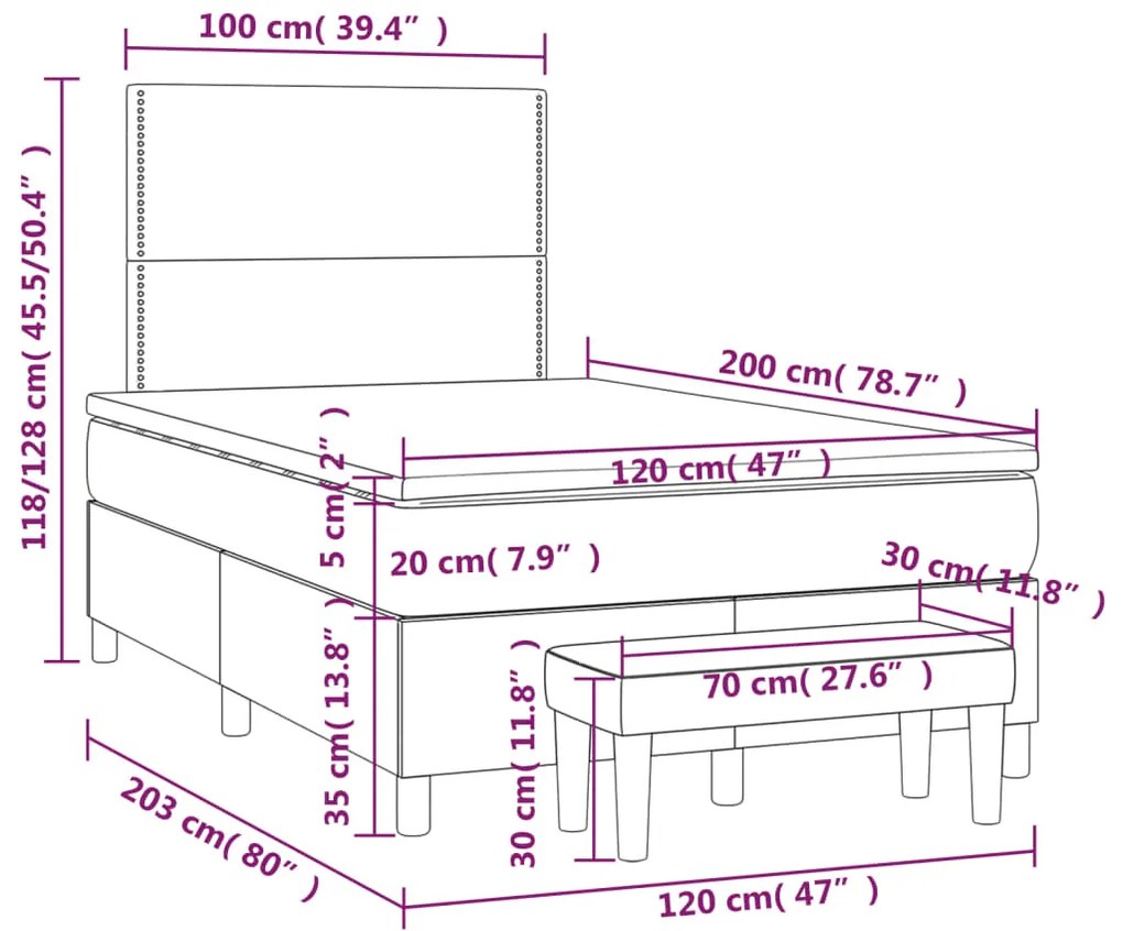 Cama boxspring com colchão 120x200 cm veludo azul-escuro