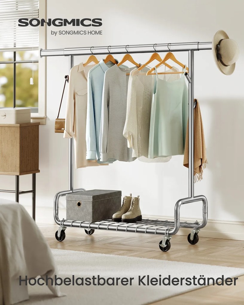 Guarda roupa aberto, Cabide ajustavel com rodas, com prateleira e ganchos 47,5 x (107-149,8) x (144,2-164,2) cm prateado