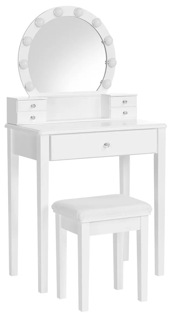 Conjunto de penteadeira VASAGLE com espelho, 10 lâmpadas reguláveis, moderno, banqueta acolchoada, 5 gavetas, 70 x 40 x 134 cm, ideia para presente, branco RDT151W01