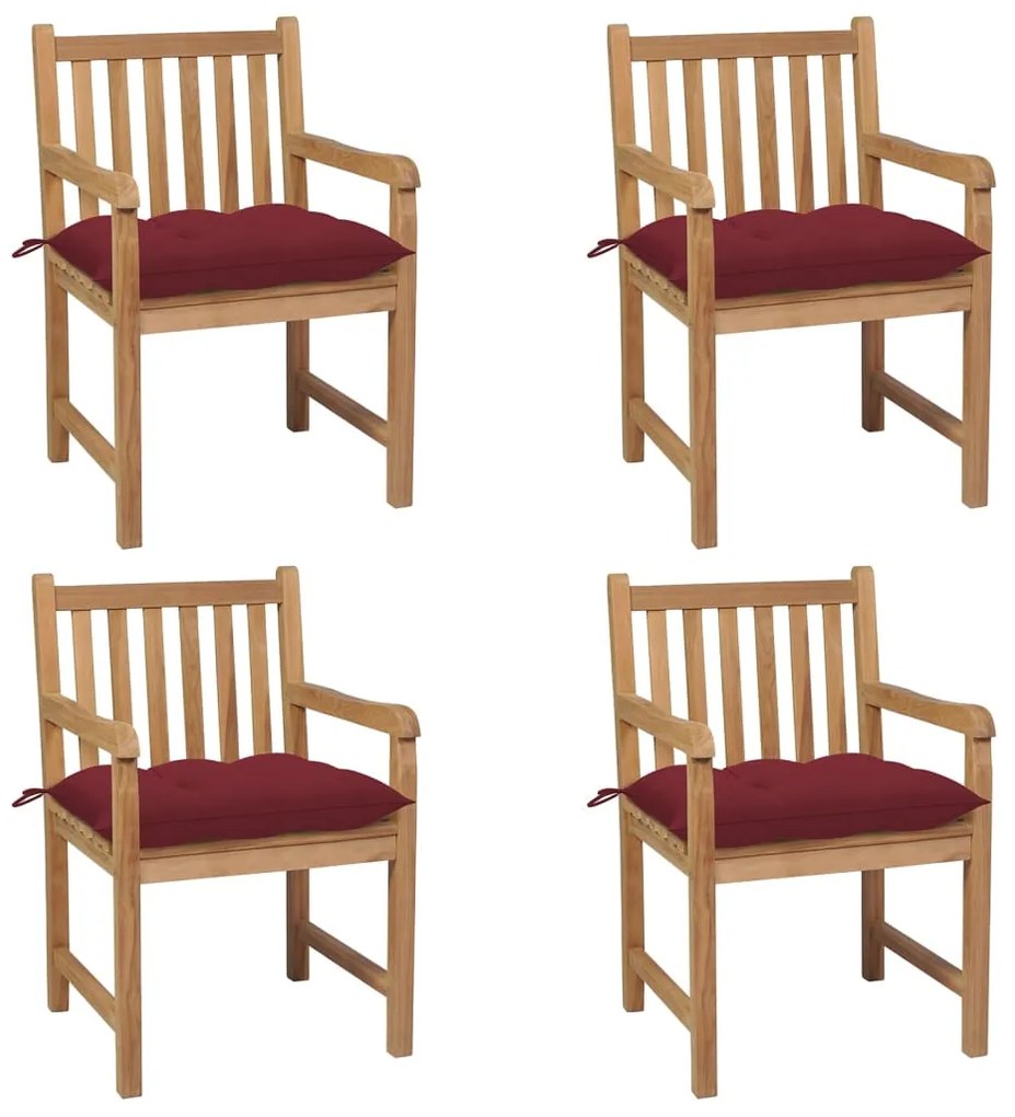 vidaXL Cadeiras de jardim c/ almofadões vermelho tinto 4 pcs teca maciça
