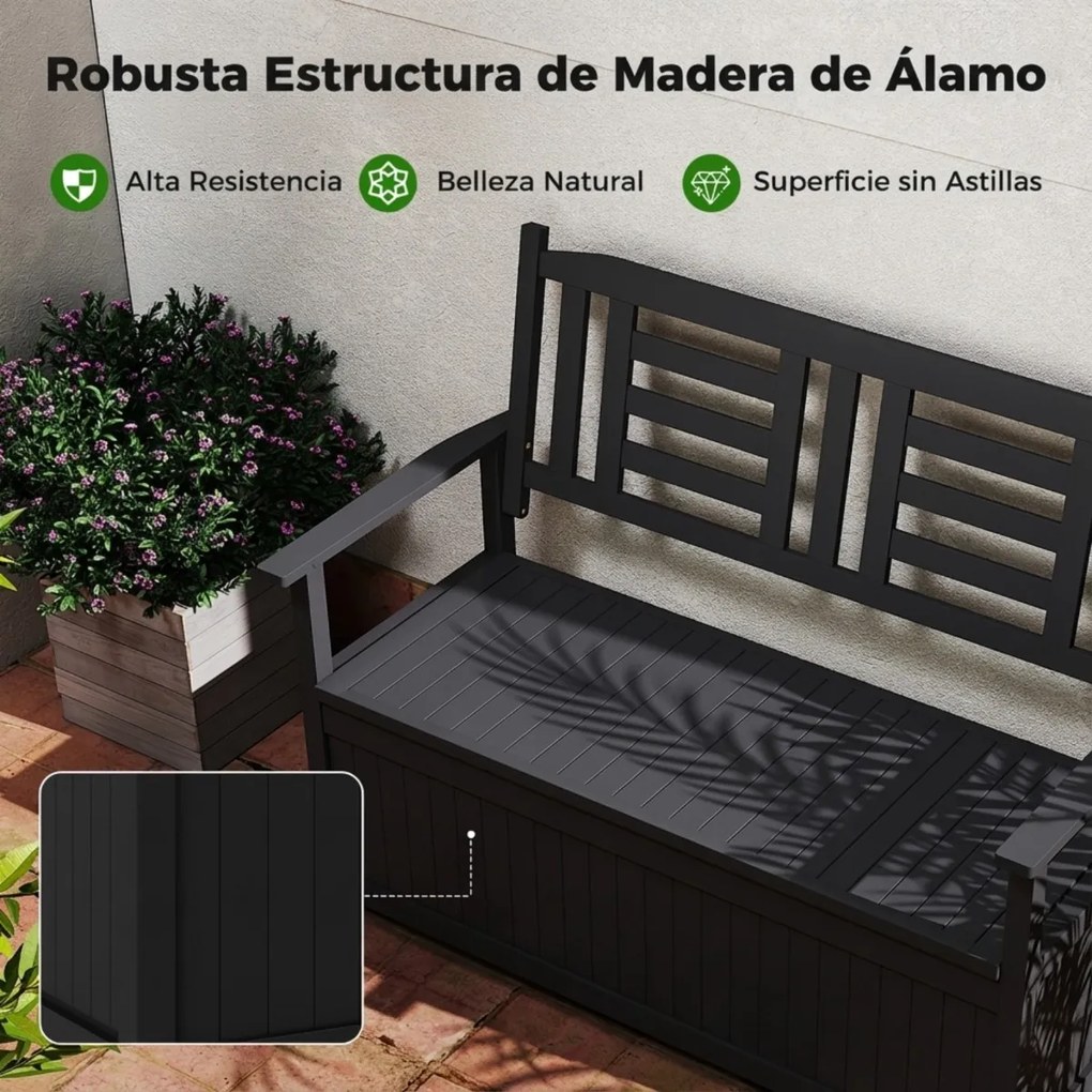 Banco jardim 123 x 68,5 x 96 cm com armazenamento para pátio com 185 L para 2 pessoas com encosto e braços Preto