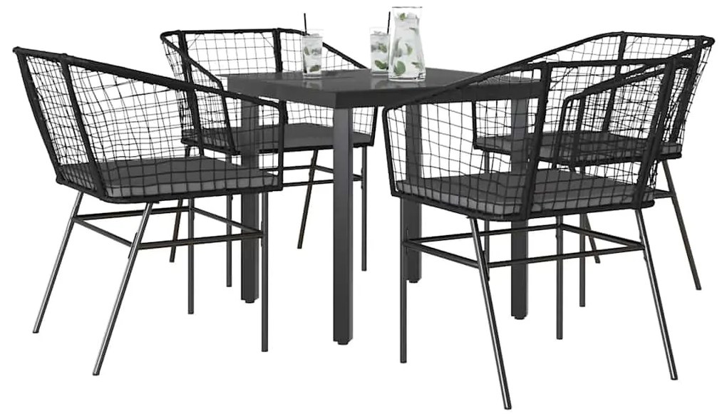 Conjunto de jantar jardim 5 peças almofadas vidro vime PE preto