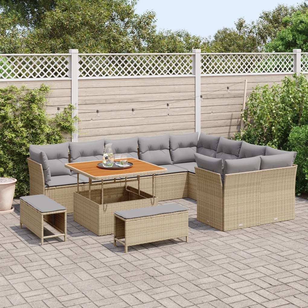 Conjunto de Sofá de Jardim vidaXL 12 Peças com Almofadas Bege Vime Acá