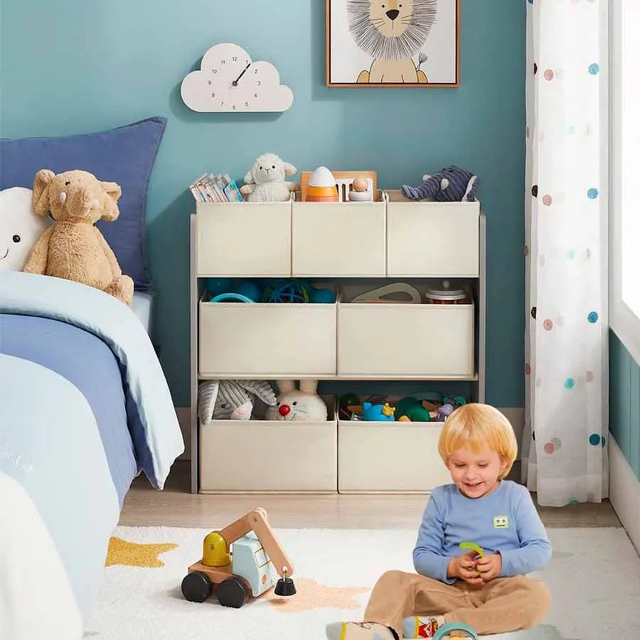 Estante para crianças com 7 caixas de arrumação em tecido não tecido 29,5 x 62,5 x 60 cm Cinzento