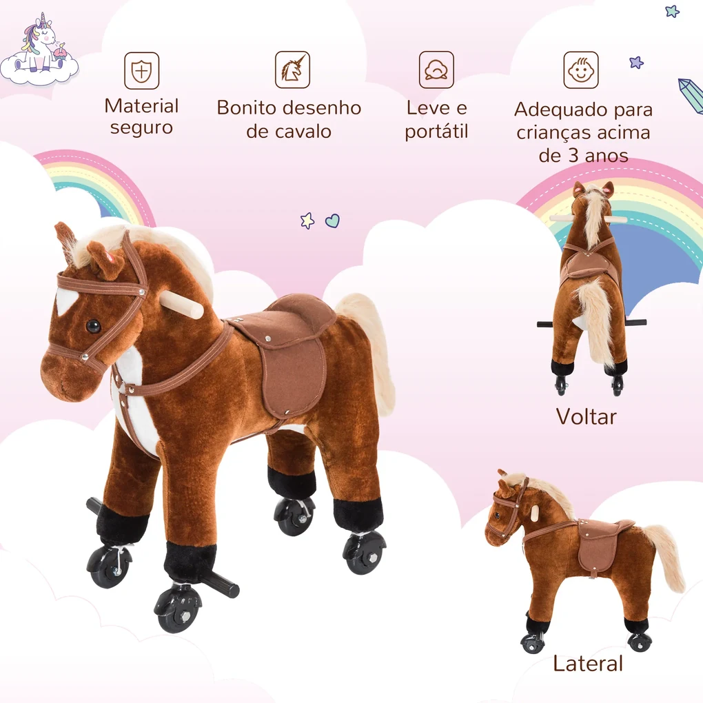 HOMCOM Cavalo de Brinquedo para Crianças acima de 3 Anos com Sons Realistas  85x28x60 cm Marrom