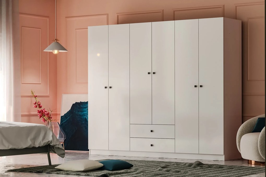 Conjunto de Quarto Royal – Branco – Roupeiro 175x182x50 cm, Estrado 16