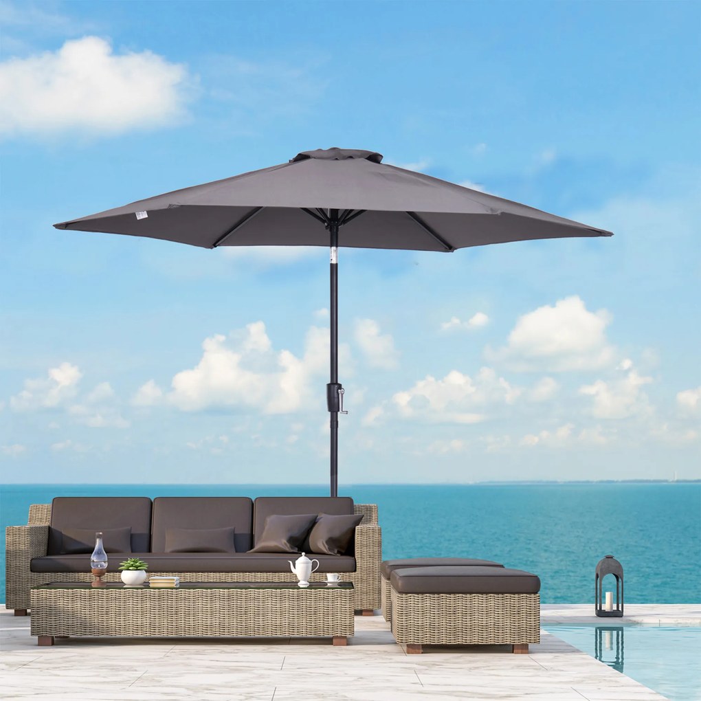 Outsunny Chapéu de Sol de Jardim Ø270x235cm Chapéu de Sol de Alumínio Reclinável com Manivela e 6 Hastes para Terraço Exterior Balcão Cinza