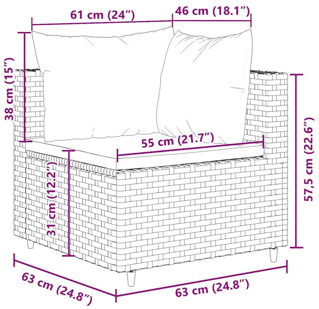 4 pcs conjunto lounge de jardim c/ almofadões vime PE cinzento
