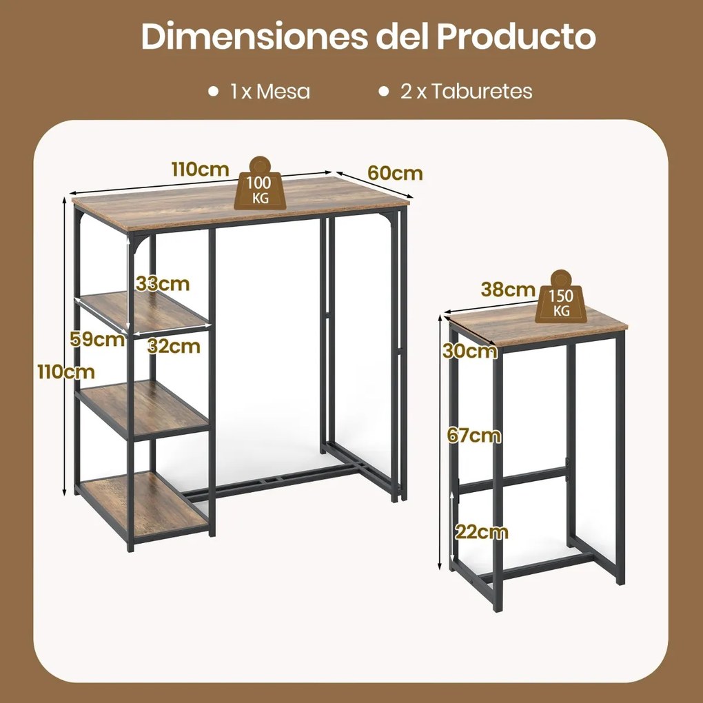 Conjunto de mesa de bar de 3 peças para 2 pessoas com 2 bancos 3 prateleiras Conjunto de móveis de bar Café