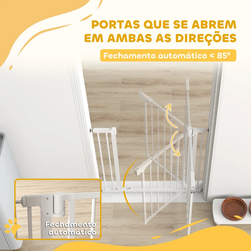 Barreira de Segurança para Crianças e Cães Largura 76-89 cm Bloqueio Duplo Fecho Automático Abertura em Dois Sentidos e Extensão de 7 cm Branco