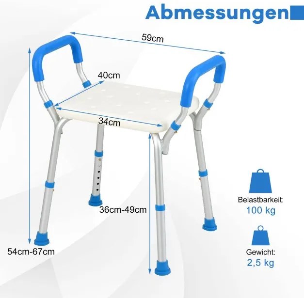 Banco de duche idosos ajustável em altura em alumínio, capacidade de carga de 100 kg com pés de borracha antiderrapantes, azul