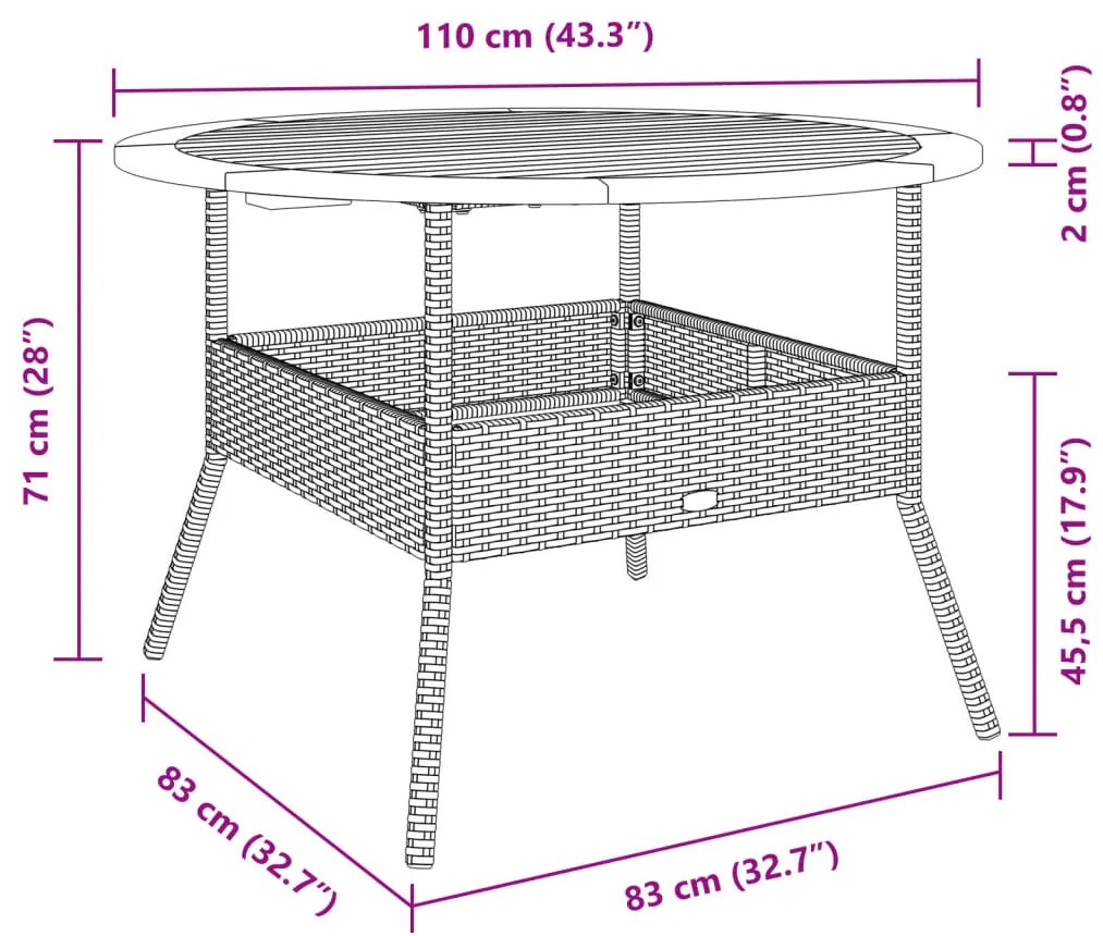 Mesa de jardim com tampo de acácia Ø110x71 cm vime PE bege