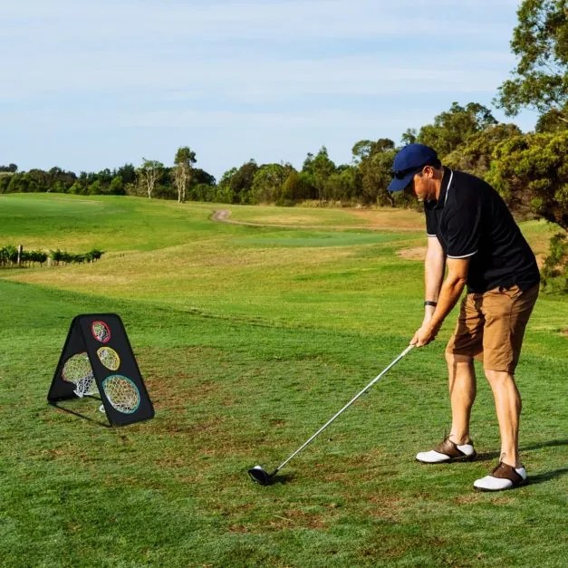 Rede de golfe para chip de dupla face Sistema de treino de triplo objetivo com 5 buracos Estrutura triangular Acessórios Preto