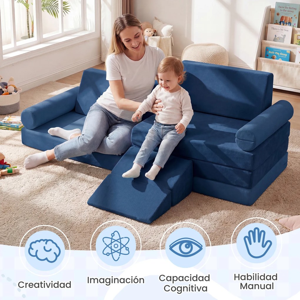 Sofá infantil modular de 10 peças 151 x 99 x 44 cm dobrável, com felpa macia e espuma elástica; capas com fechos de correr, laváveis na máquina, para