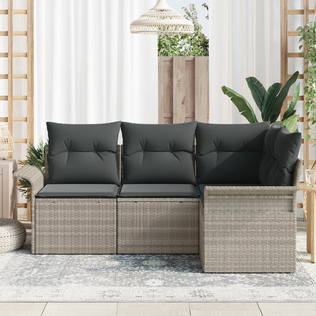 Conjunto de sofá de jardim de 4 peças com almofadas cinza-claro rattan