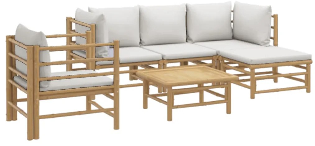 6 pcs conj. lounge de jardim bambu c/ almofadões cinzento-claro