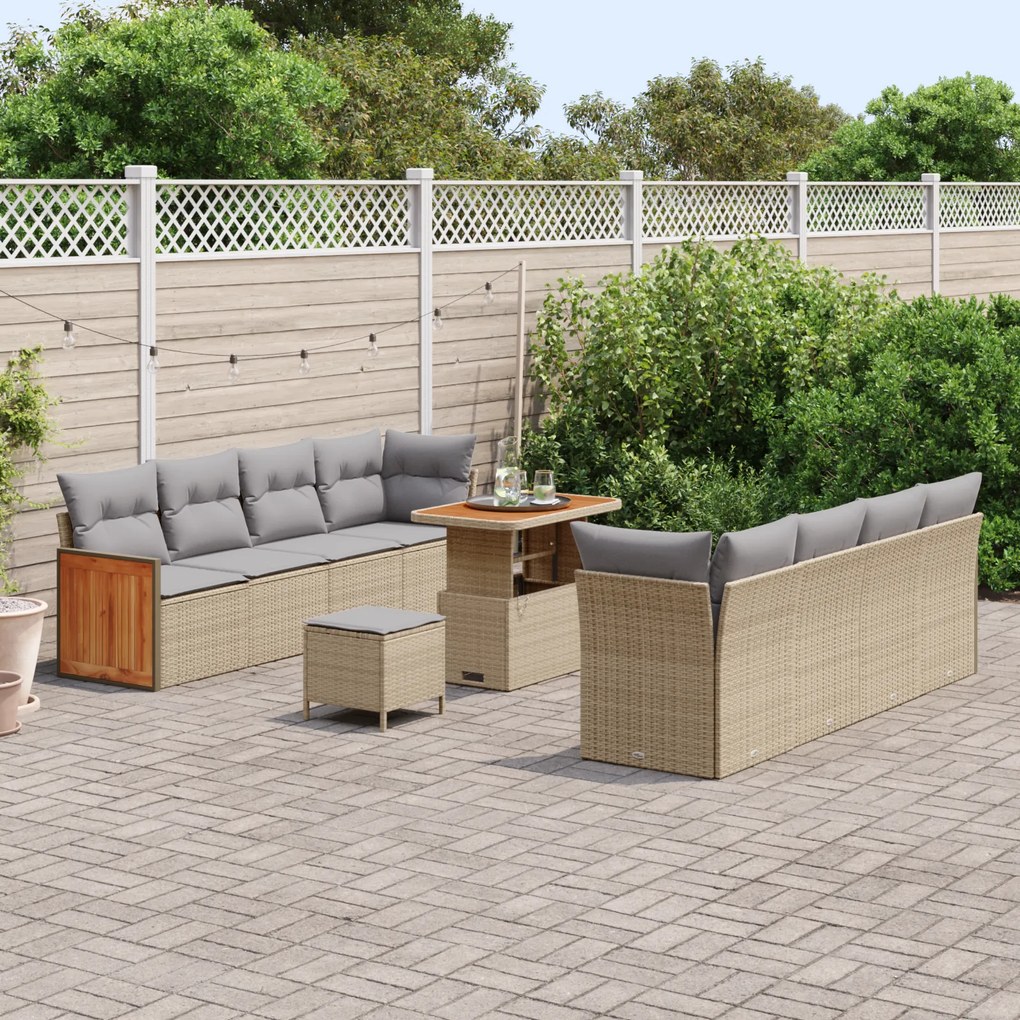 Conjunto de Sofá de Jardim de 11 Peças com Almofadas Bege Rattan Poli