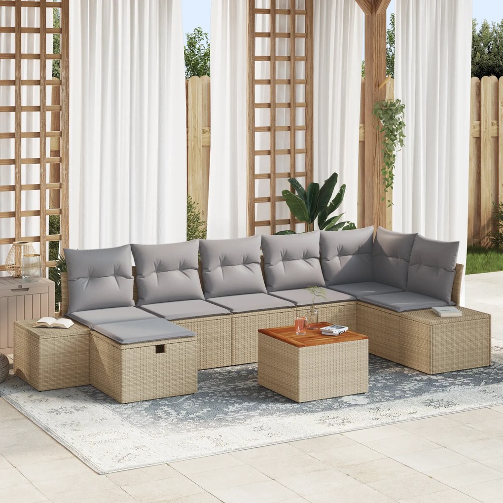 Conjunto de Sofá de Jardim de 8 Peças com Almofadas Bege Polirattan