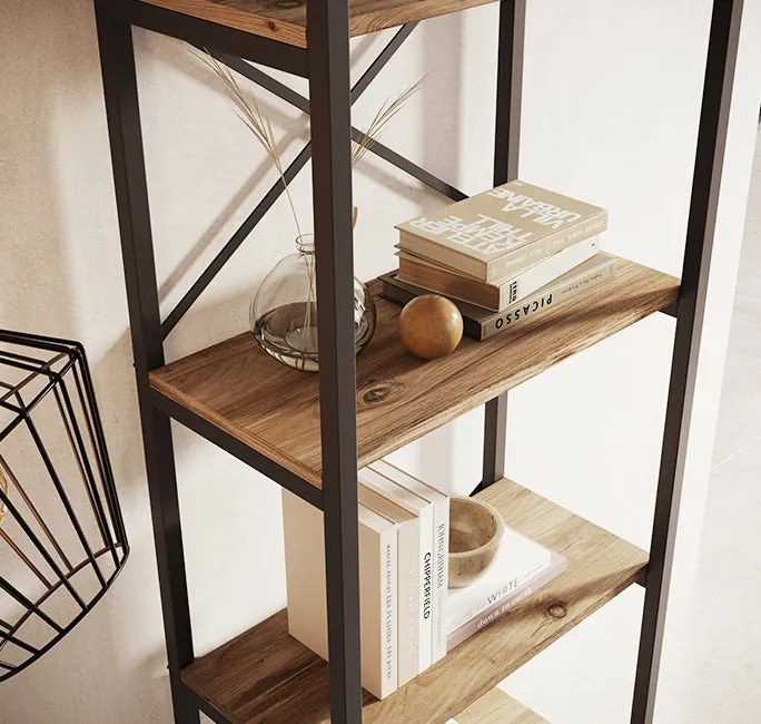 Estante Faro – 55x30x138 cm – Pinho Atlântico e Aço Preto – 4 Pratelei