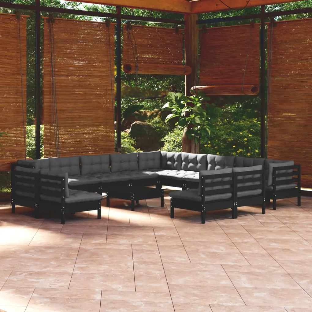 vidaXL 14 pcs conjunto lounge jardim c/ almofadões pinho maciço preto