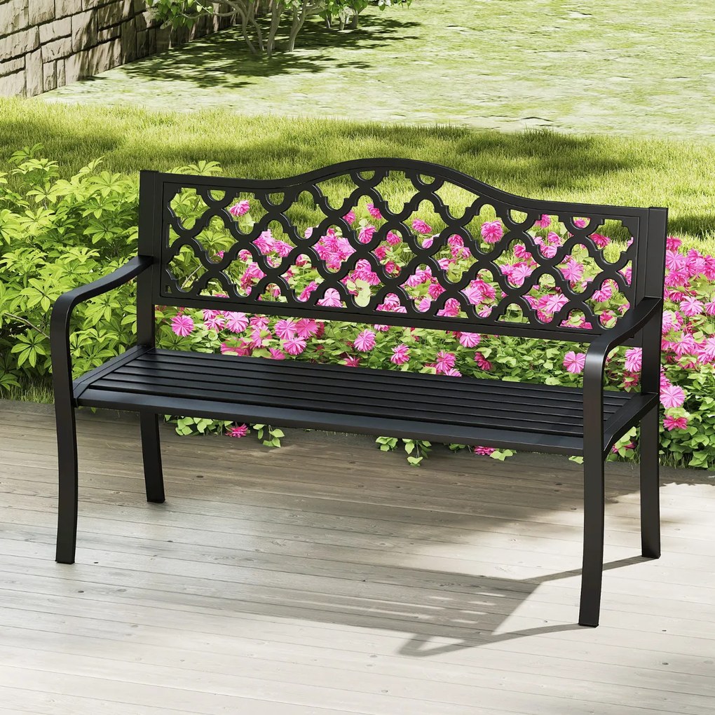 Banco de jardim em metal 54 x 128 x 89 cm com ripas para 2-3 pessoas com braços curvos Assento para varanda Piscina Preto