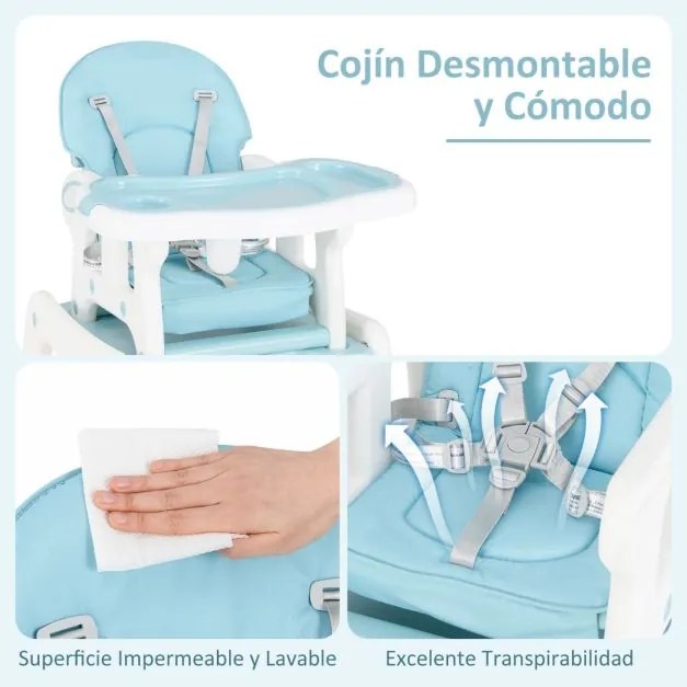 Cadeira alta 3 em 1 refeição bebés conversível em mesa e cadeira para crianças de 6 a 36 meses com bandeja removível, almofada, encosto com 3 níveis e