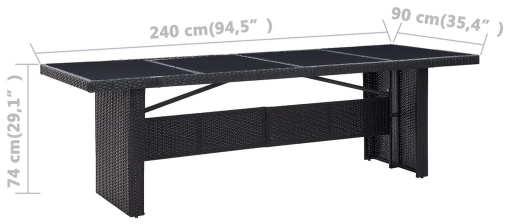 Mesa de jardim 240x90x74 cm vime PE e vidro preto