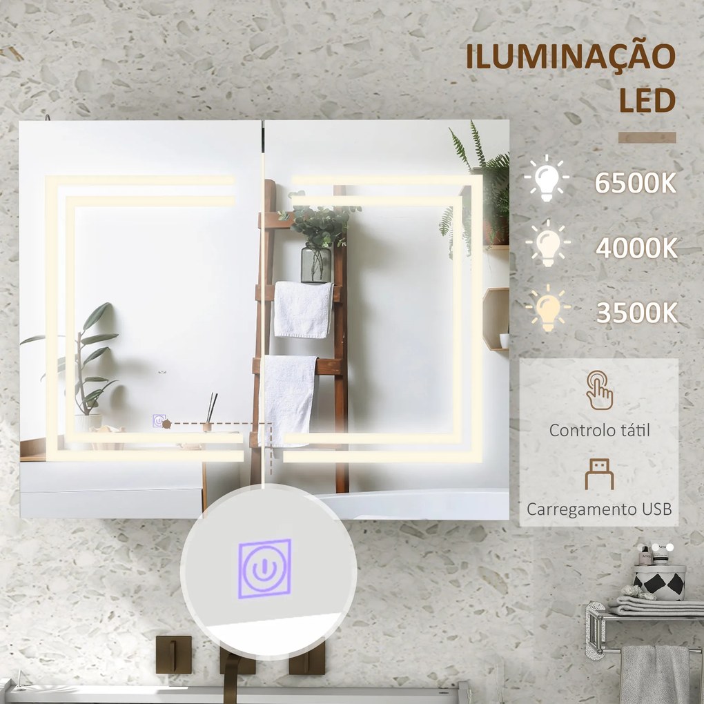 Armário Casa de Banho com Espelho e Luz LED Interruptor Tátil e Cor da Luz Ajustável 80x15x65 cm Branco Brilhante