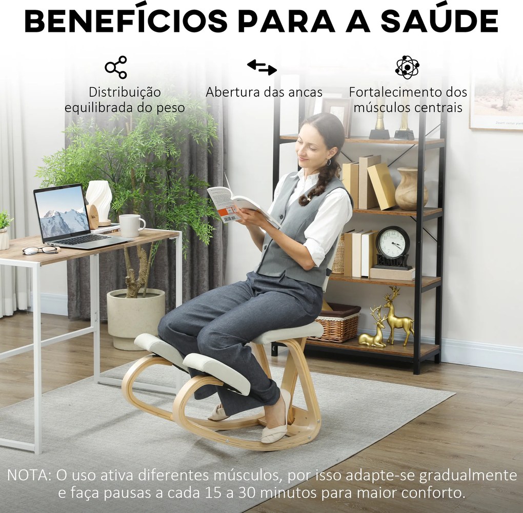 Cadeira Ergonómica de Joelhos com Encosto Almofadas Acolchoadas Estrutura de Madeira para Melhor Postura 51x84x93 cm Creme