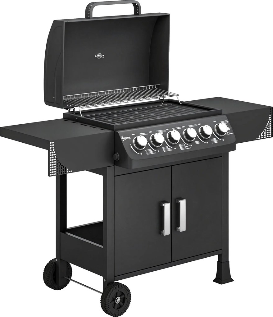 Outsunny Barbecue a Gás com 6 Queimadores 15 kW Termómetro Armário Grelha de Aquecimento Bandeja de Recolha de Gordura 2 Rodas 135x51x101 cm Preto | Aosom Portugal