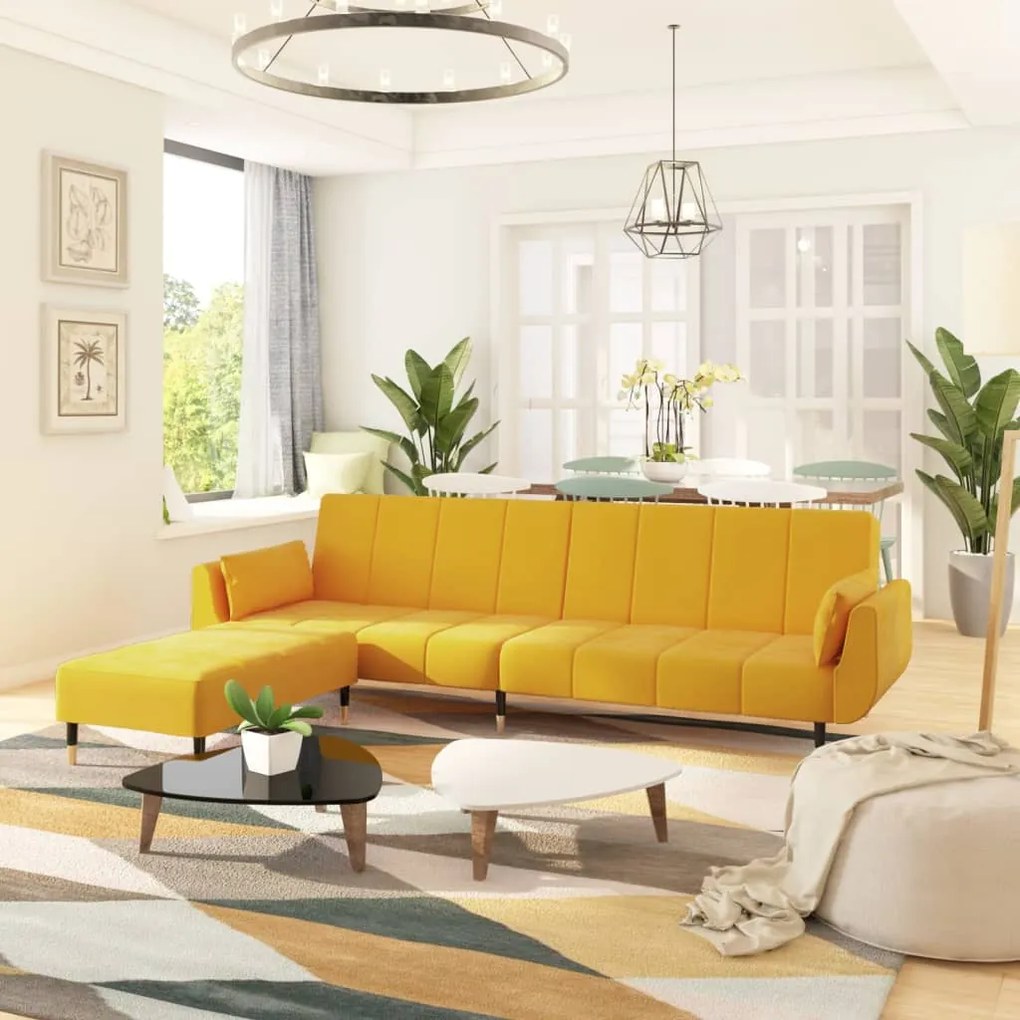 3081804 vidaXL Sofá-cama de 2 lugares com banco/2 almofadões veludo amarelo
