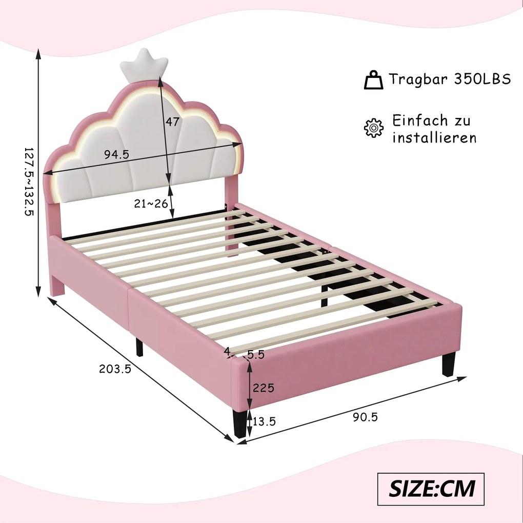 90X200Cm/140X200Cm Pink PU Children'S Bed Frame,With LED and Crown-Sha