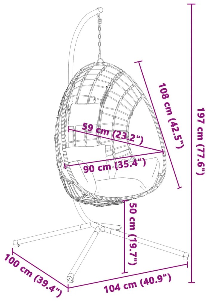 Cadeira forma de ovo suspensa c/ suporte vime/aço antracite