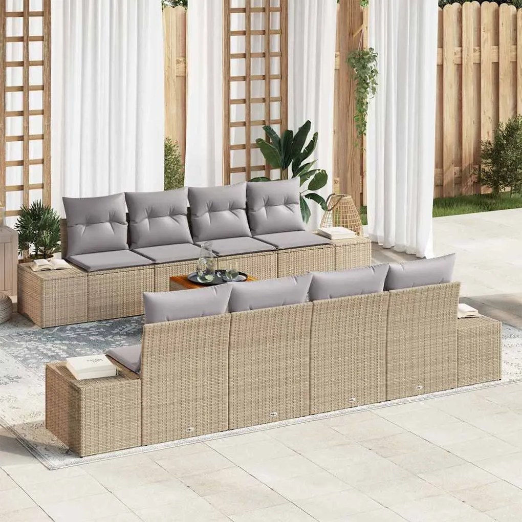 vidaXL Conjunto de sofá de jardim com 9 peças e almofadas bege em poly rattan e madeira de acácia.