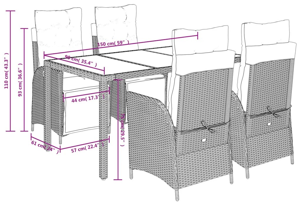 5 pcs conjunto de jantar p/ jardim c/ almofadões vime PE cinza