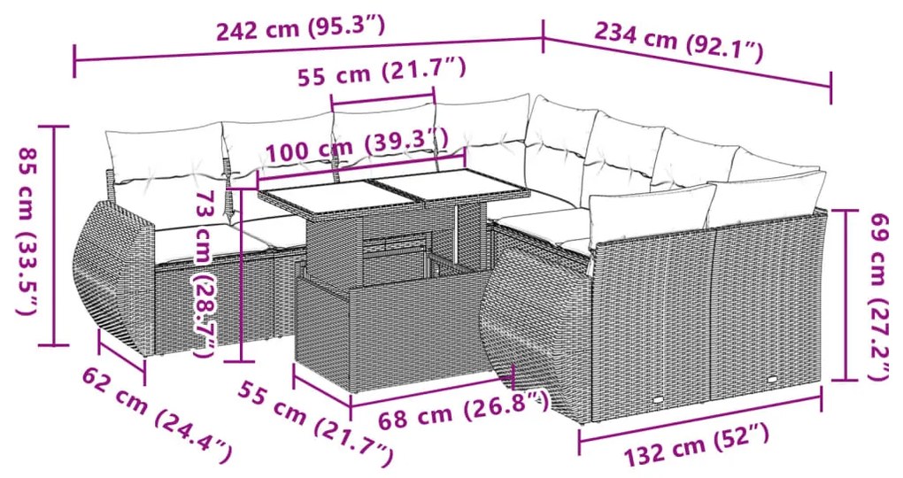 9 pcs conjunto sofás p/ jardim c/ almofadões vime PE castanho