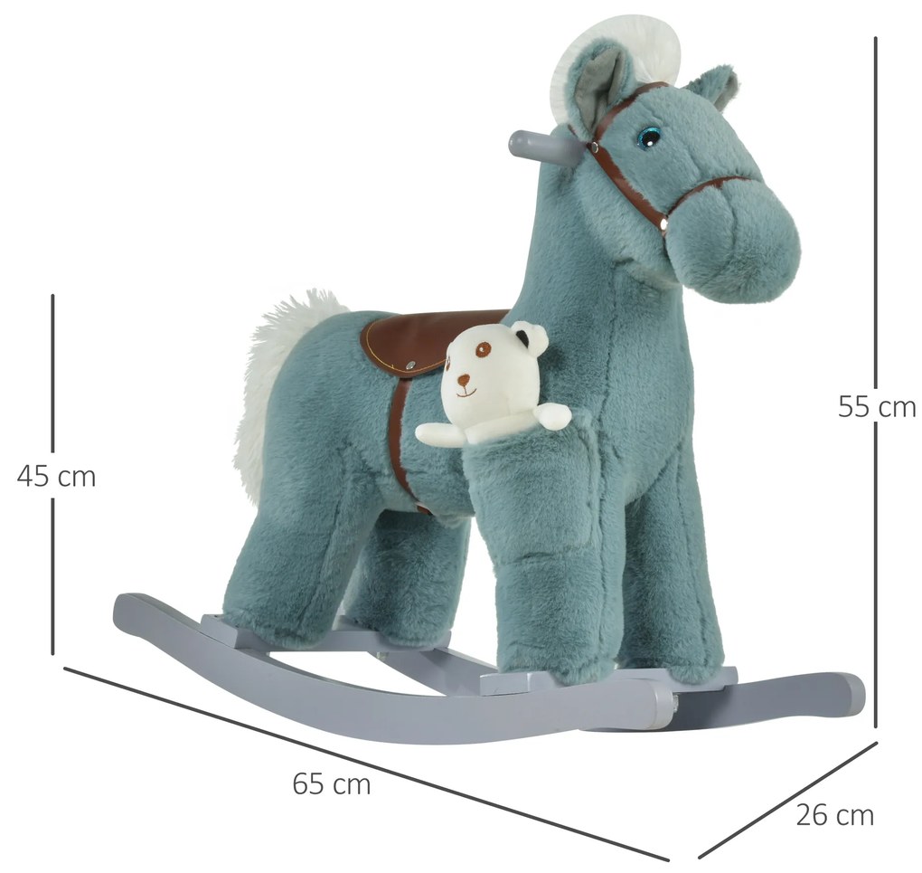 Cavalo Baloiço para Crianças de 18-36 Meses Cavalo de Balançar com Ursinho de Pelúcia Sons de Relinchos e Galopes base de Madeira 65x26x55cm Azul