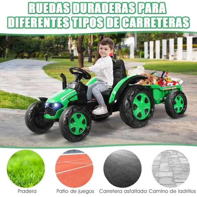 Trator elétrico 12V com reboque para crianças 3-8 anos Inclui controlo remoto 2,4 G 151 x 68 x 70 cm Verde