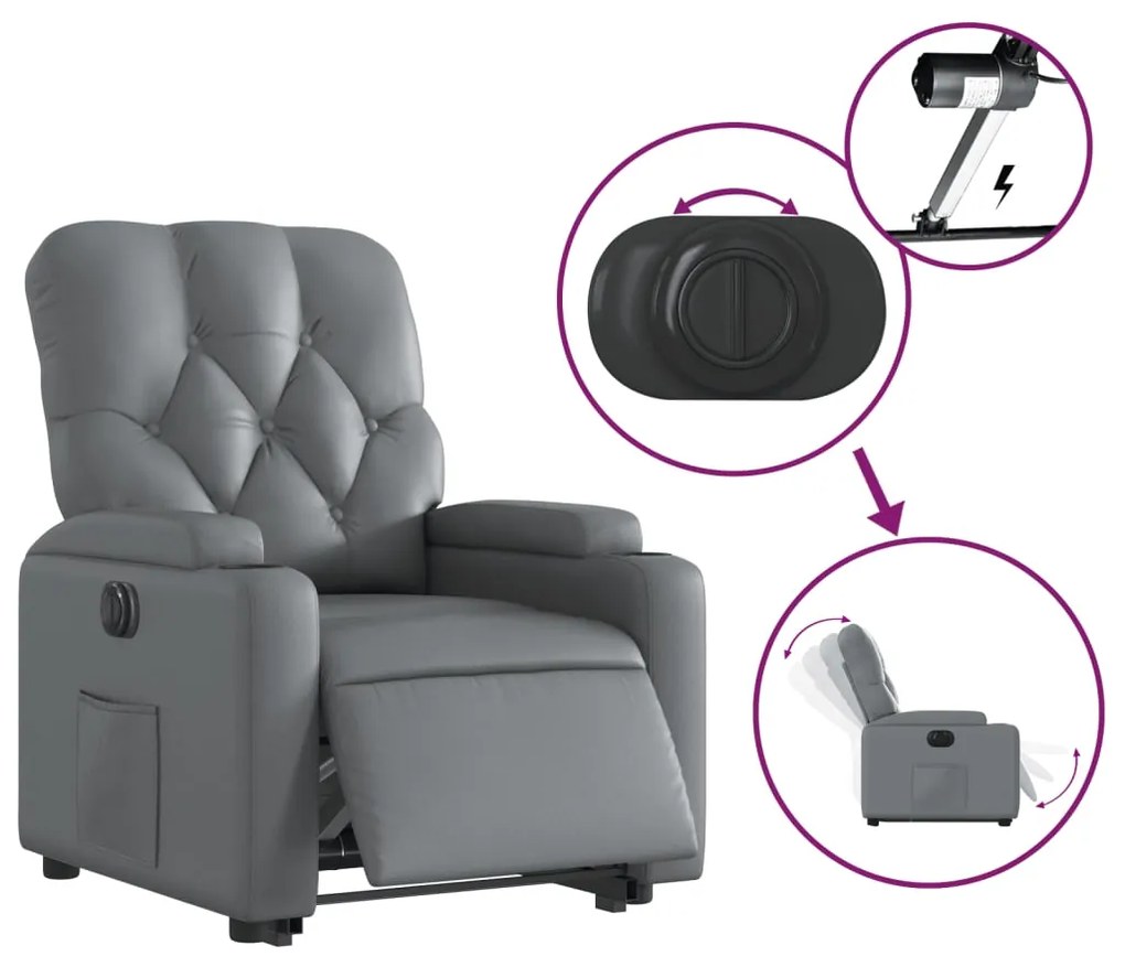Poltrona reclinável elevatória elétrica couro artif. cinzento